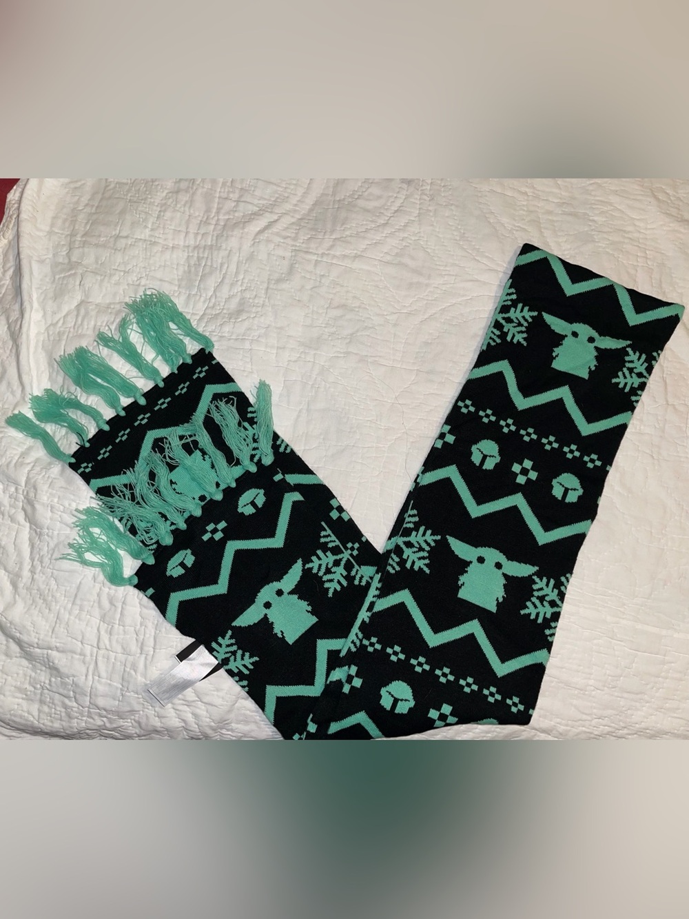 Black and Mint Grogu Knit Scarf